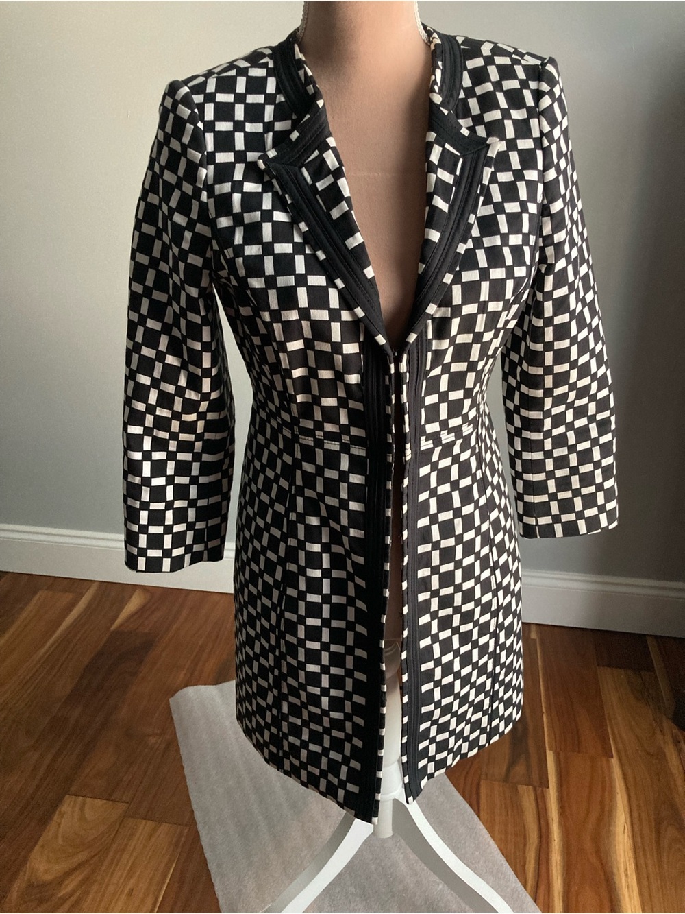 White House Black Market Black and White Checkered Long Blazer